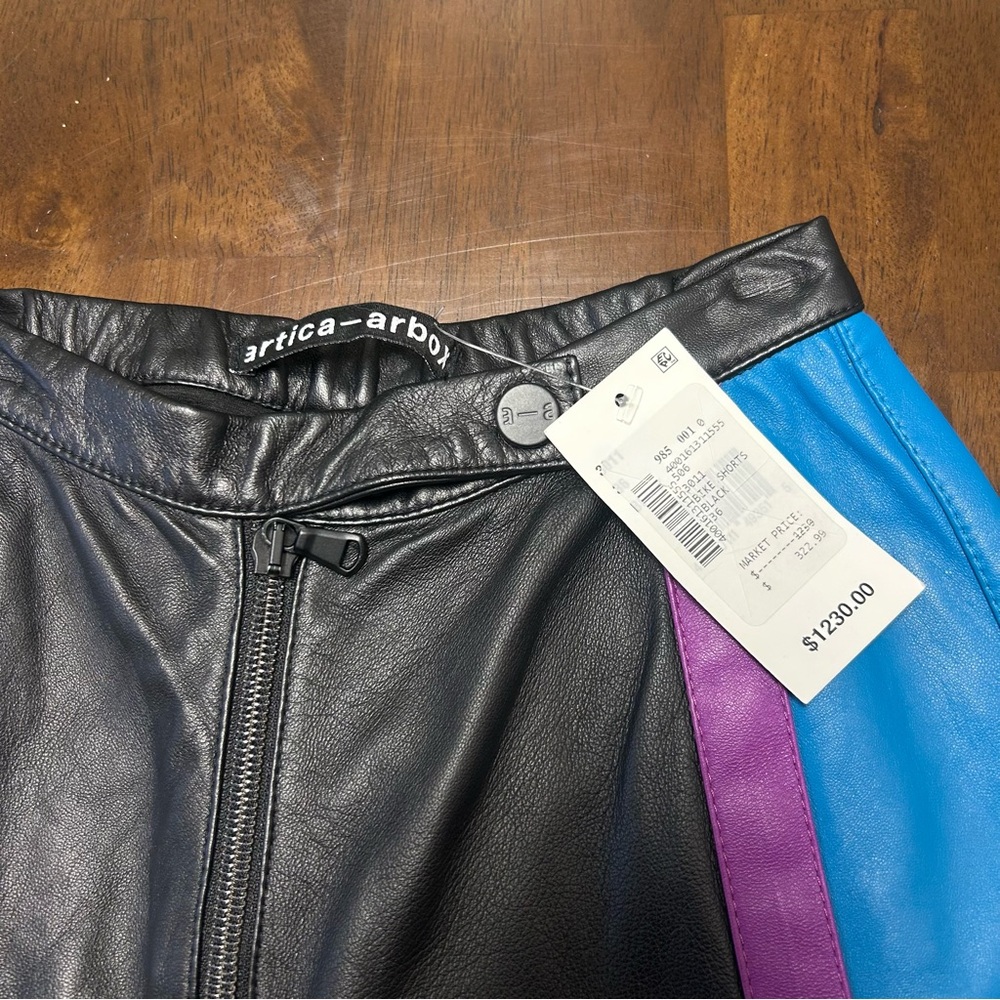 NWT ARTICA-ARBOX Blue and Purple Colorblock Leather Bike Shorts Size 0 - Picture 7 of 15